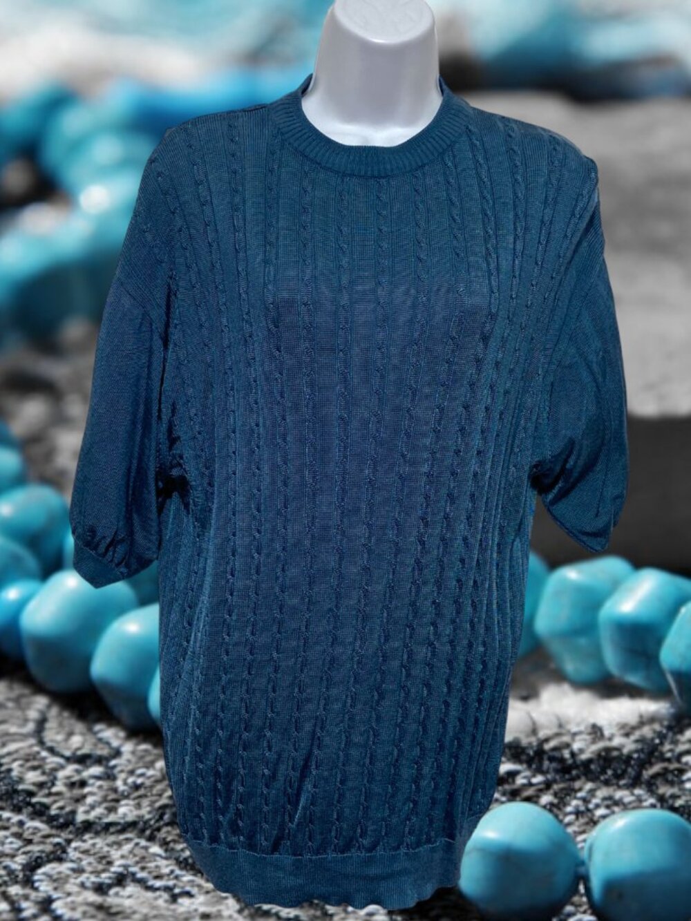 Irvine Park-Women's Size Medium Pullover Blue Sweater Short Sleeve-Rayon-Cotton